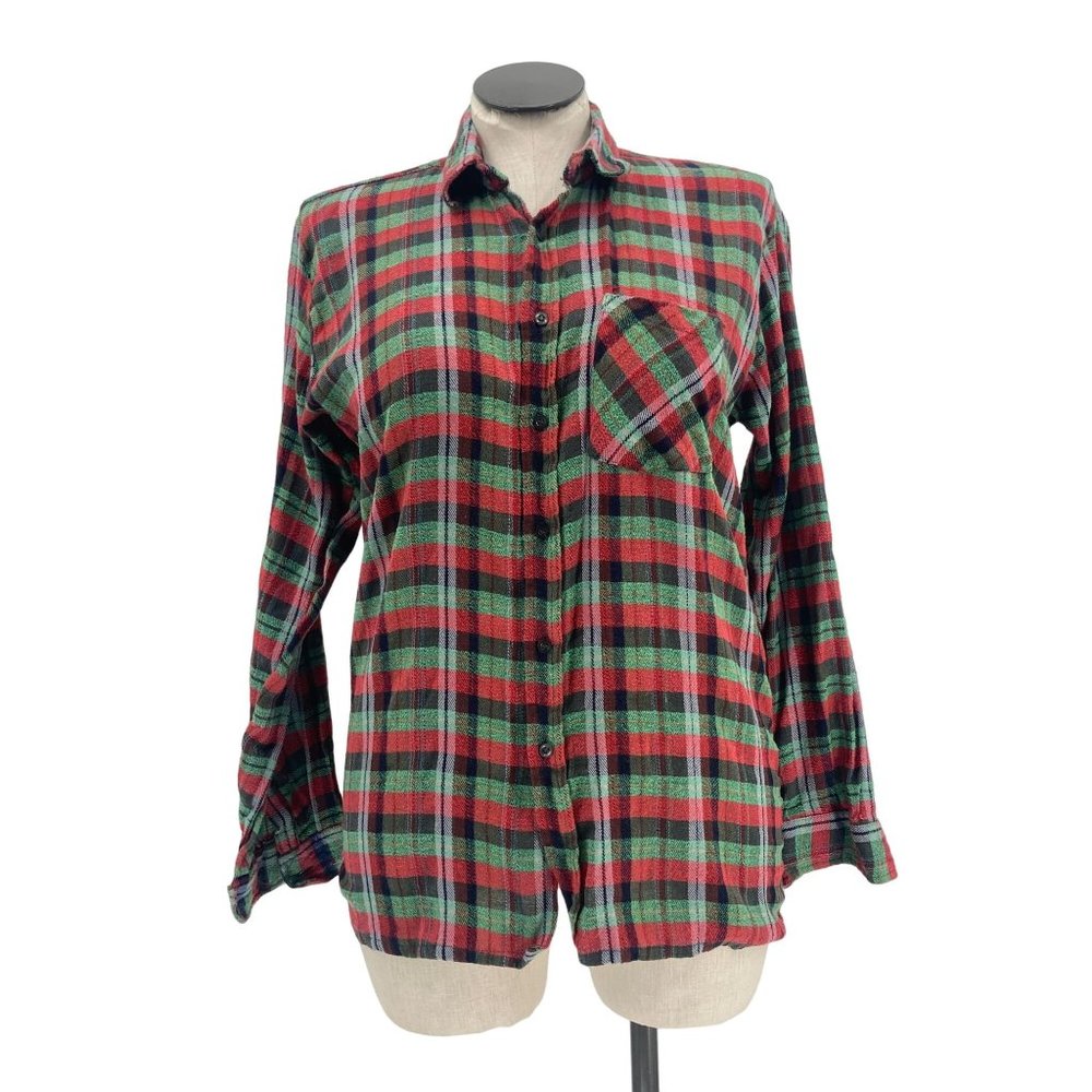 Alex Italian Style Plaid Shirt Red Green Long Sleeve Button Up 70s 80s